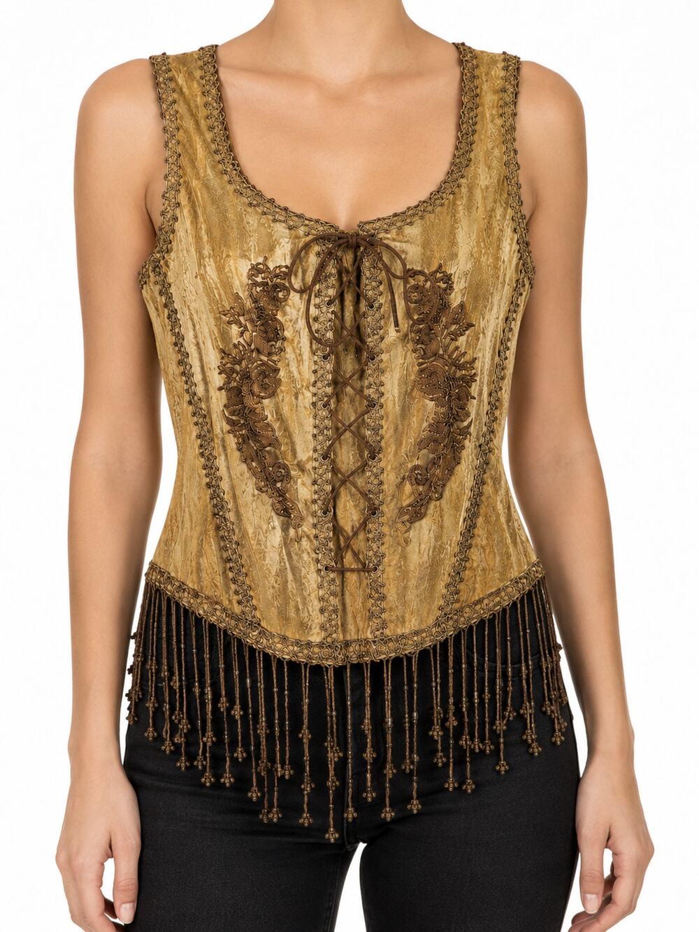 Pat Dahnke Antique Gold Corset Fringe Vest XL Boho Renaissance NWT